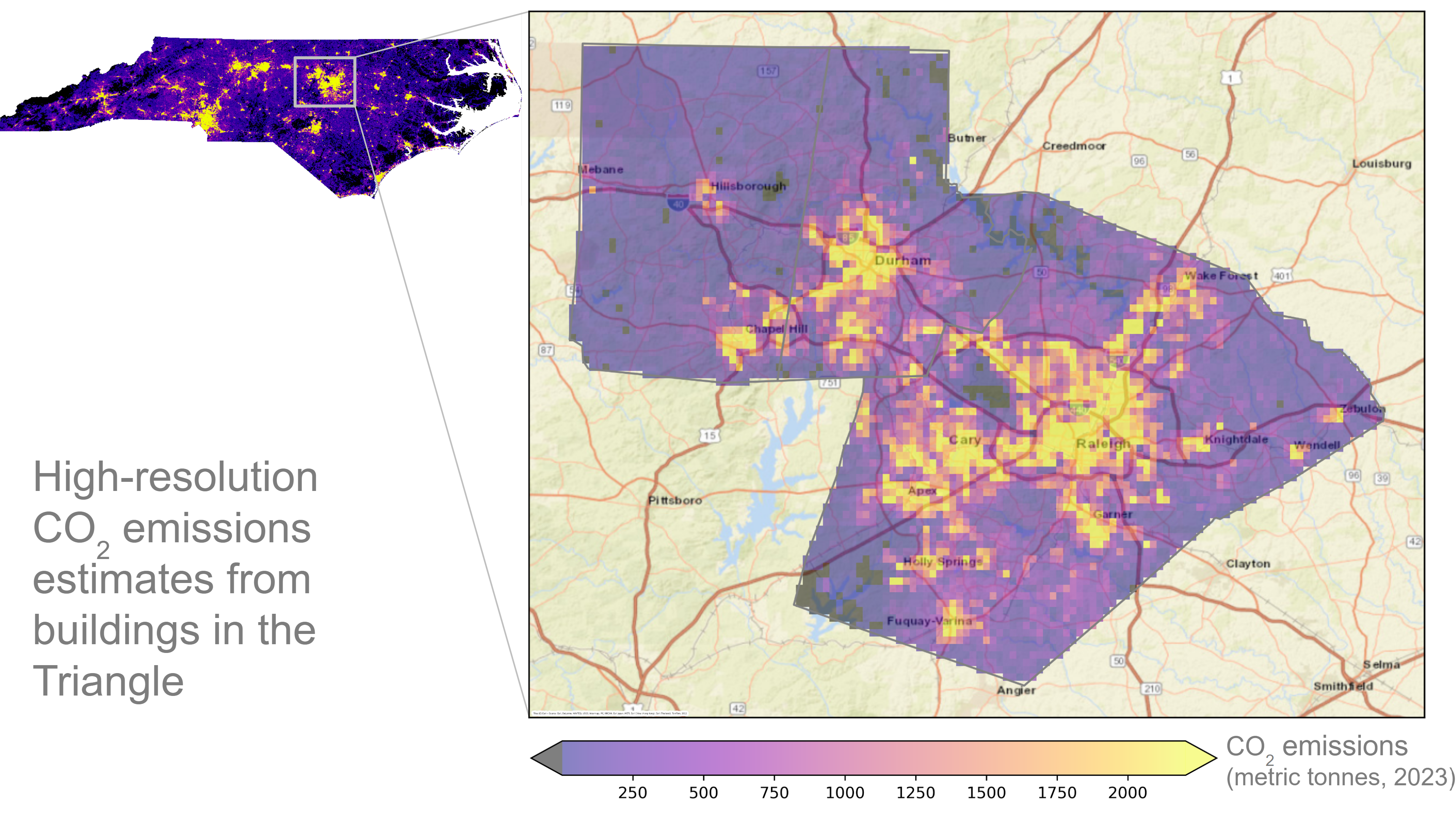 Map of NC with more detailed map of Triangle area. Text: High-resolution CO2 emissions from buildings in the Triangle. Legend explains color coding to indicate metric tons of CO2 emissions.