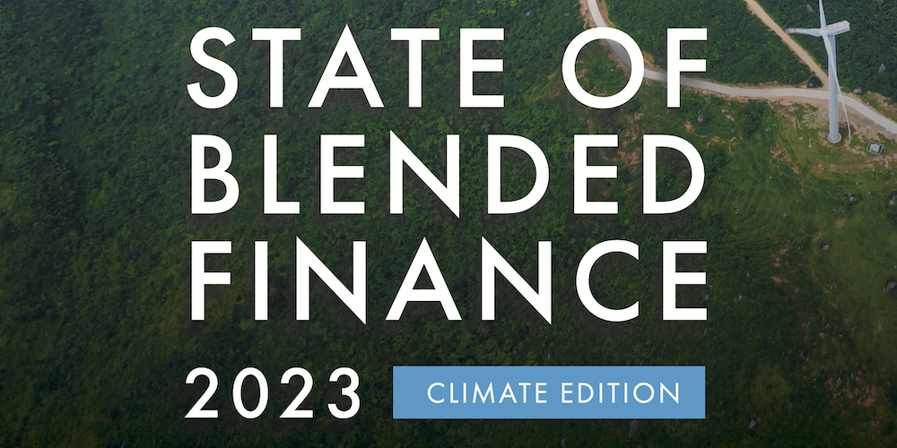 Background image of wind turbines on a hill. Text: State of Blended Finance 2023 Climate Edition