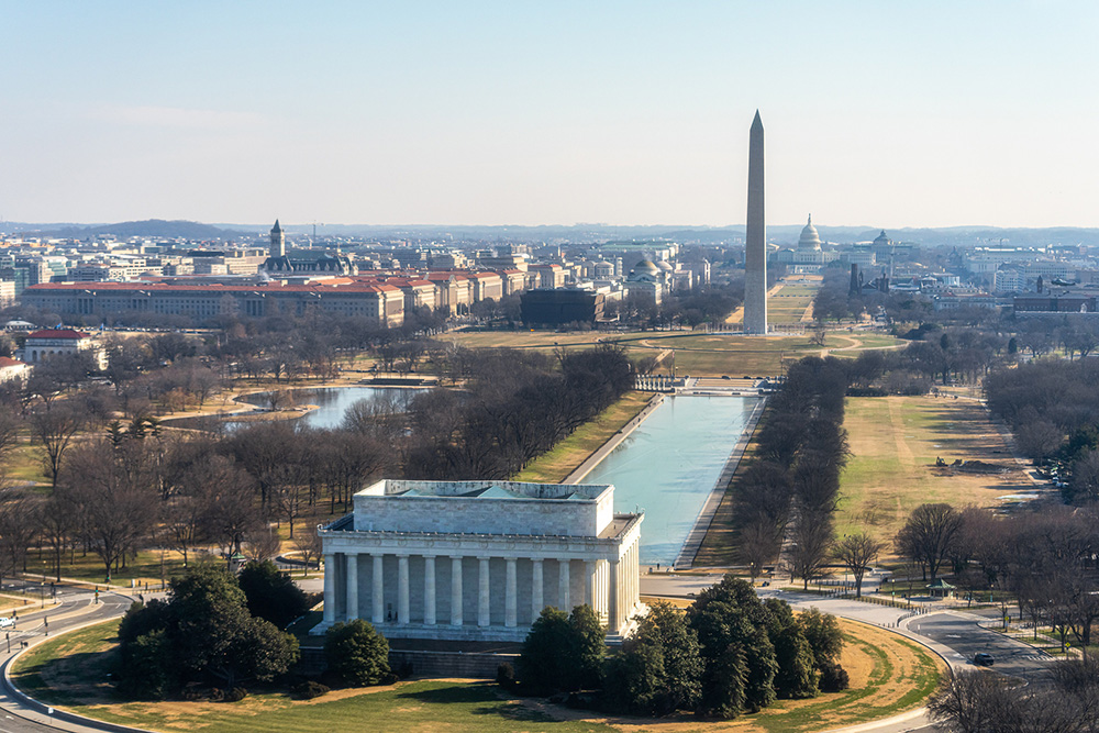 An aerial view of the Washington, D.C. skyline and the National Mall.